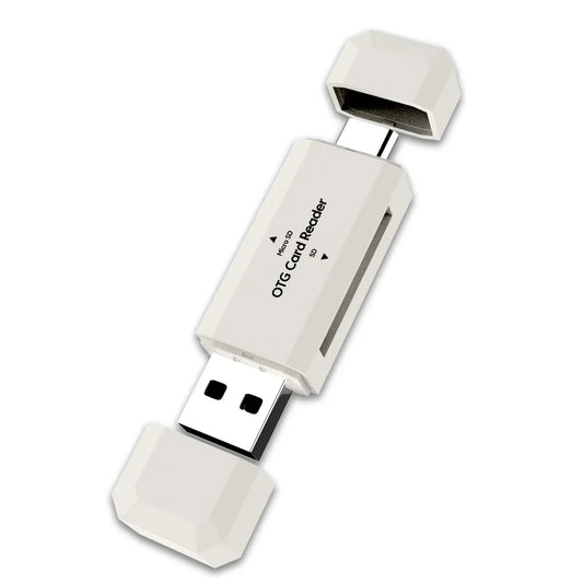 Card reader in White color compatible with both USB-A and USB-C.