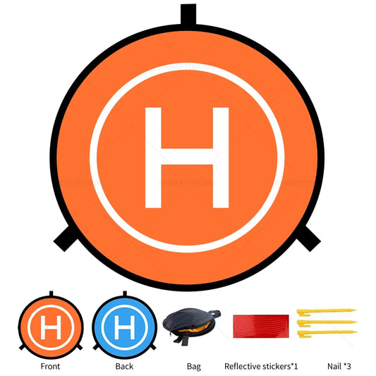 The landing pad for drones also contains bag, reflective stickers and ground nails.