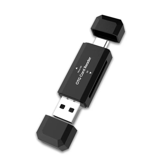 Card reader in Black color compatible with both USB-A and USB-C.