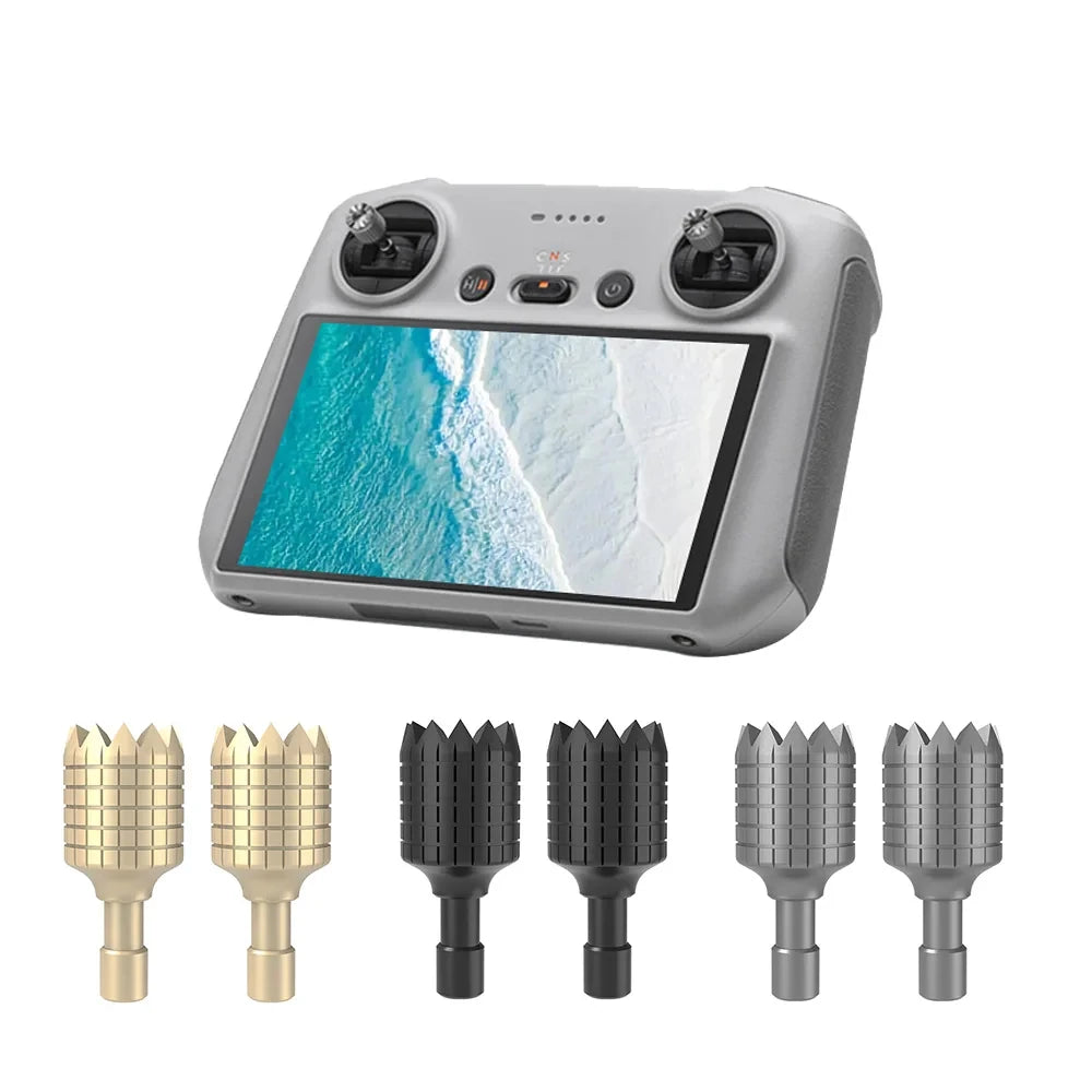 Detachable controller thumbsticks in gold variant for DJI controllers.